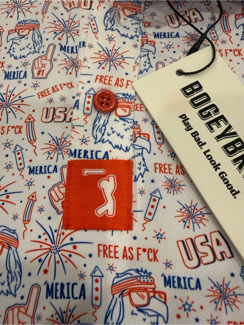 Bogey Bros USA Men's Short Sleeve Printed Polo in White with Red & Blue Motif - Picture 2 of 5